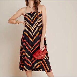Anthropologie Petite Chevron Stripe Pintuck Midi Dress Black Orange LP Petite